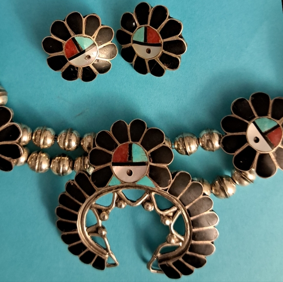 Zuni Inlay Necklace by Ashberry Gasper Sunface Onyx Coral Turquoise MOP - Picture 5 of 7